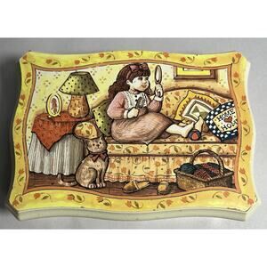 Vintage Jewelry Box Cat Little Girl Mirror Country Cottage Theme